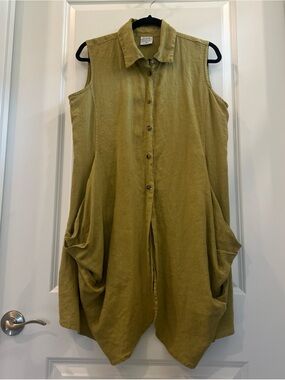 Click by Color Me Cotton Pure Linen Sleeveless Button-Front Tunic Olive Green M